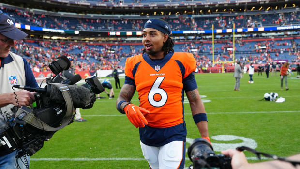 Denver Broncos safety P.J. Locke (6) following the win over the Green Bay Packers at Empower Field at Mile High.